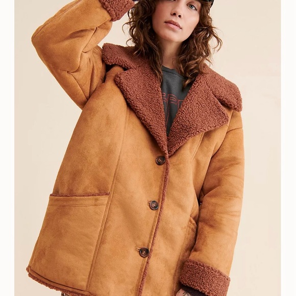 Free people Diogo oversized faux suede and sherpa coat in camel and brown. Small - Picture 7 of 9